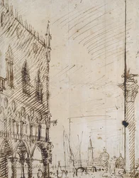 Venedig: Dogepalatsets sydvästra vinkel (Penna och brunt bläck över svaga konturer i svart krita)